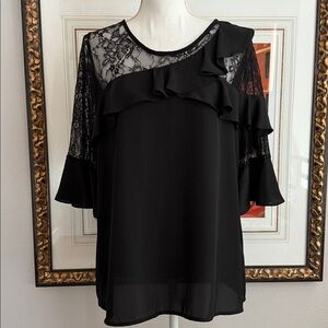 Pleione Black Lace Ruffle Blouse
